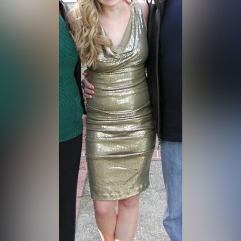 Nicole miller olive green/Gold Sequin Draped Dress